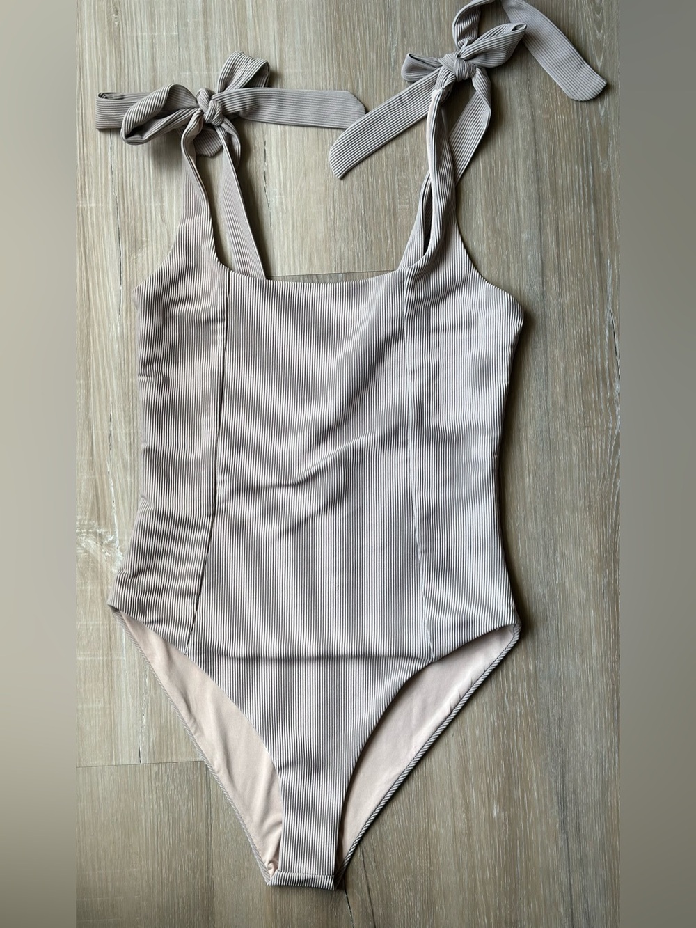 Beach Riot x Cella Jane Ribbed One Piece Swimsuit Tan Tie Shoulder Square Neck M
